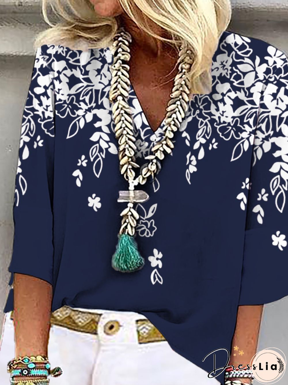 Casual Floral Three Quarter V Neck Plus Size Printed Tops