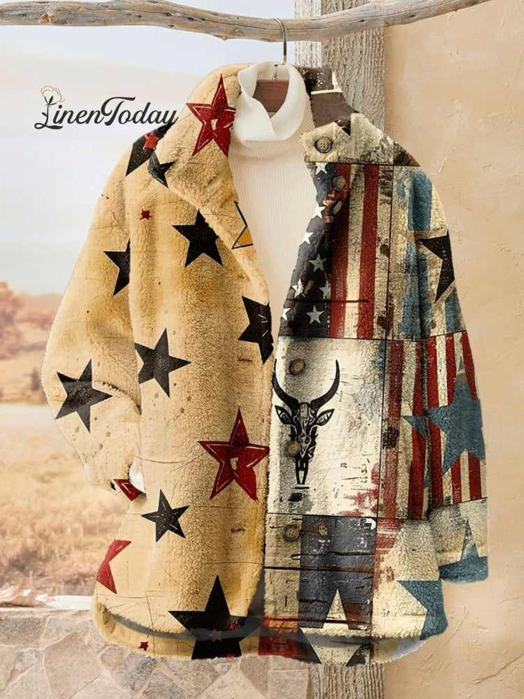 Women&rsquo;s Vintage Wild West Art Print Casual Sherpa Coat Cardigan Multicolor / S