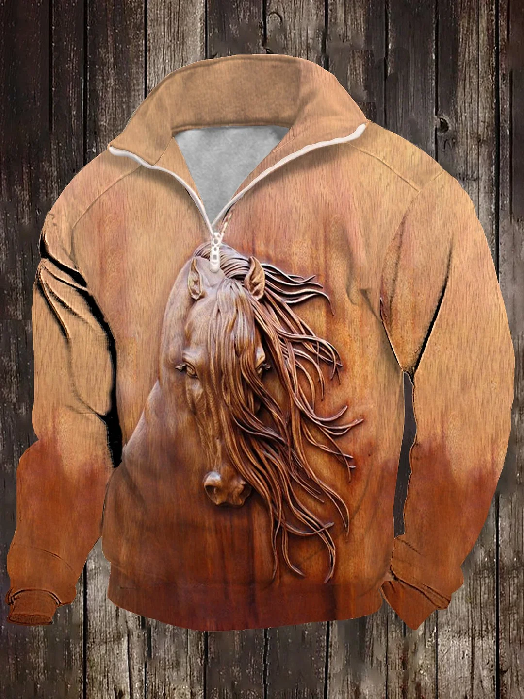 Men's Vintage Horse Print Zipper Neck Top
