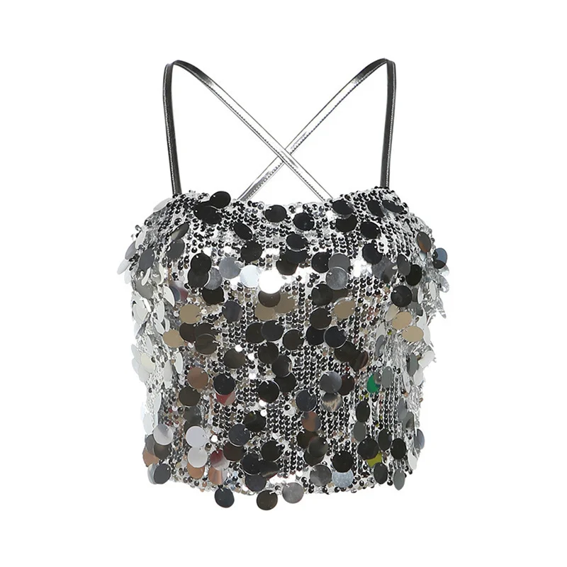 Toloer Toloer Summer New Women's Sequins Fashion Sexy Hanging Neck Strap Slim Back Small Vest-Outfit Ideas