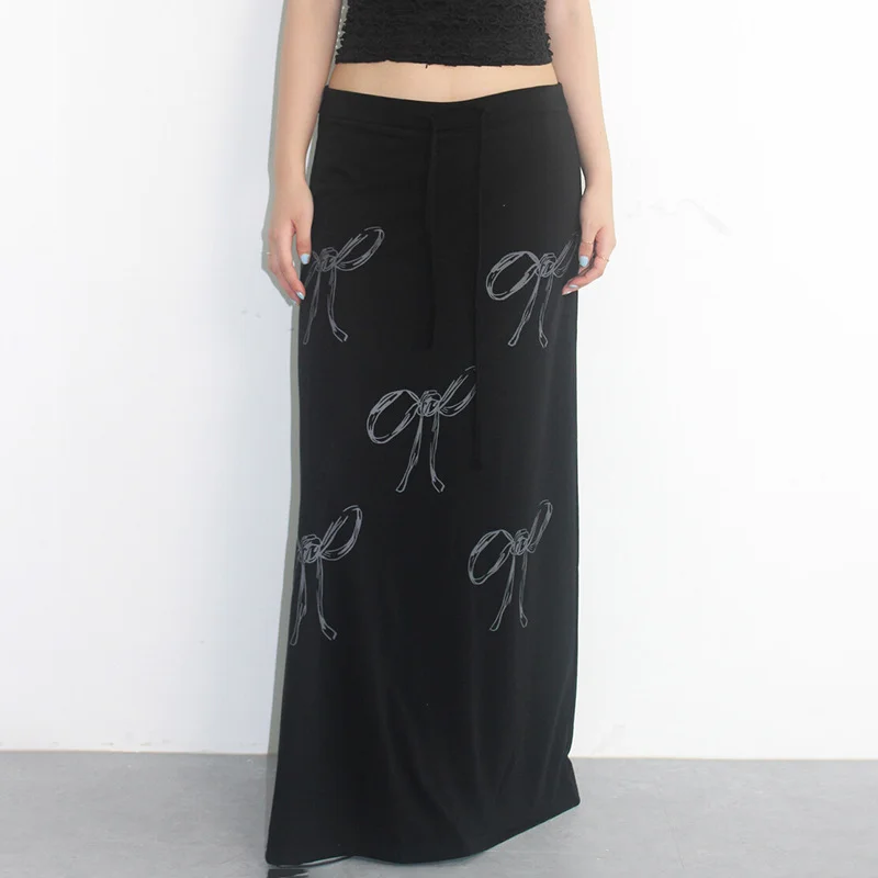 Ueong Girls Fashion Bow Printing Rope-Drawing Waist Half Skirt 2024 High Waist Thin Simple Style Knitted Skirt Woman