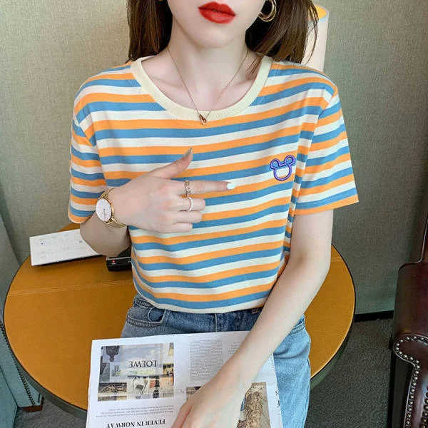 Uveng Uveng Summer New Round Collar Short-Sleeved Women's T-Shirt Embroidery Fashion Korean Version Loose And Versatile Age Reduction Stripes On Clothes Ins
