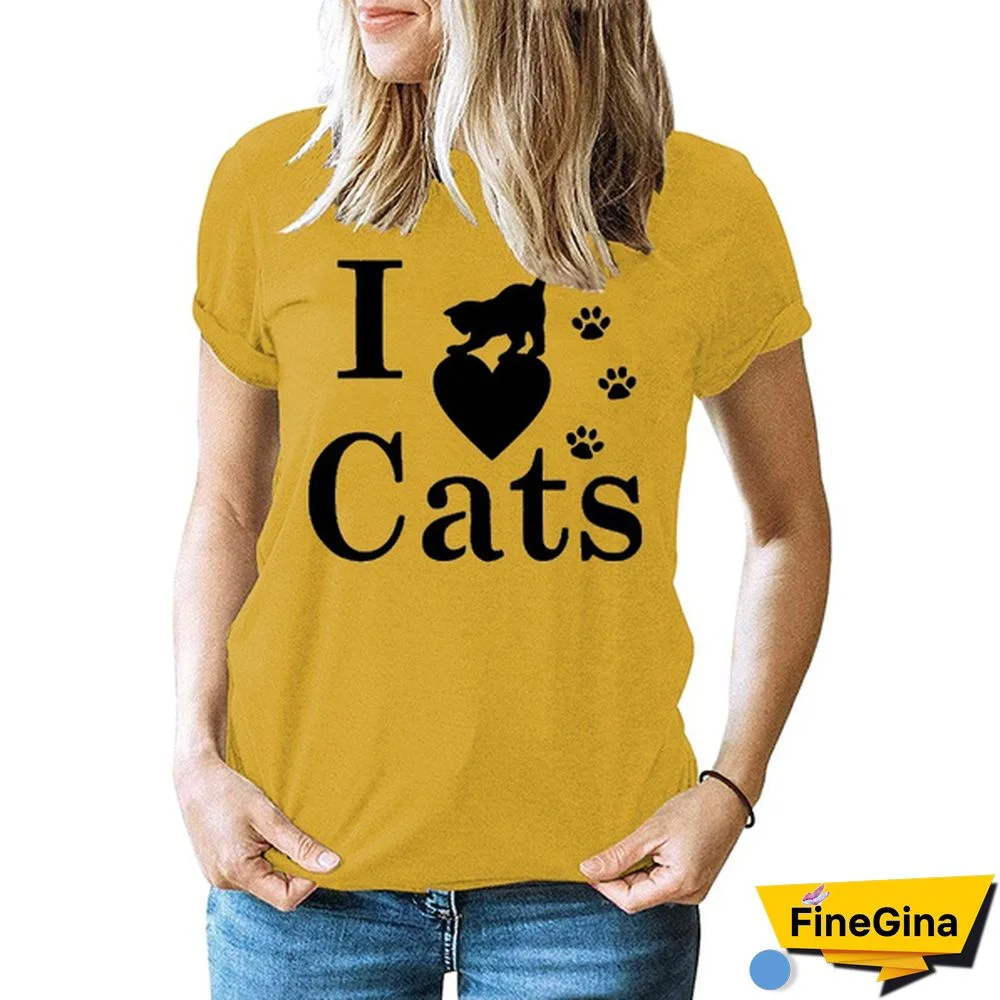 Women Summer Casual Short Sleeve Round Neck T-Shirt Female Cat Graphic Print T Shirts