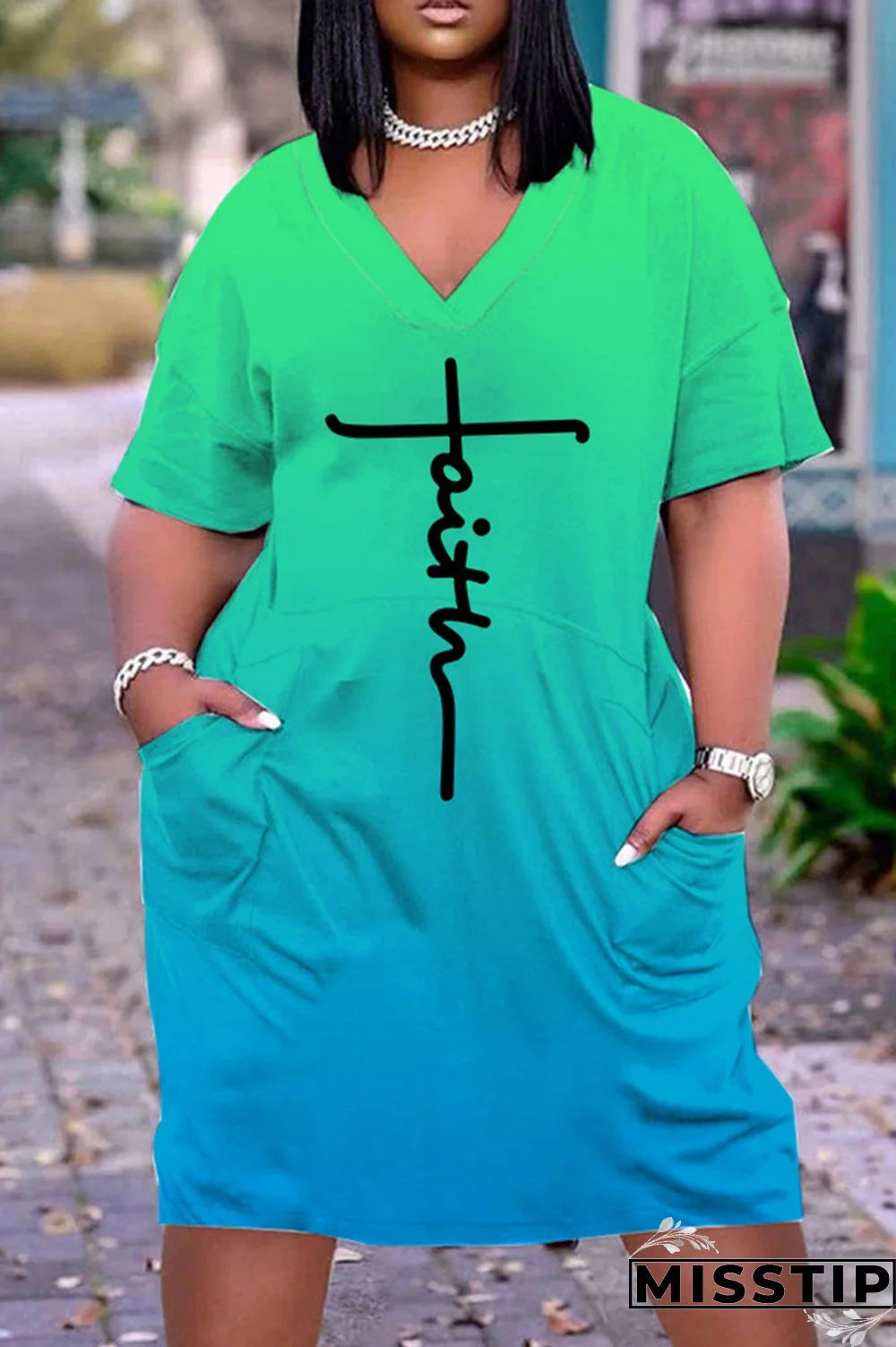 Black Orange Casual Print Basic V Neck Short Sleeve Dress