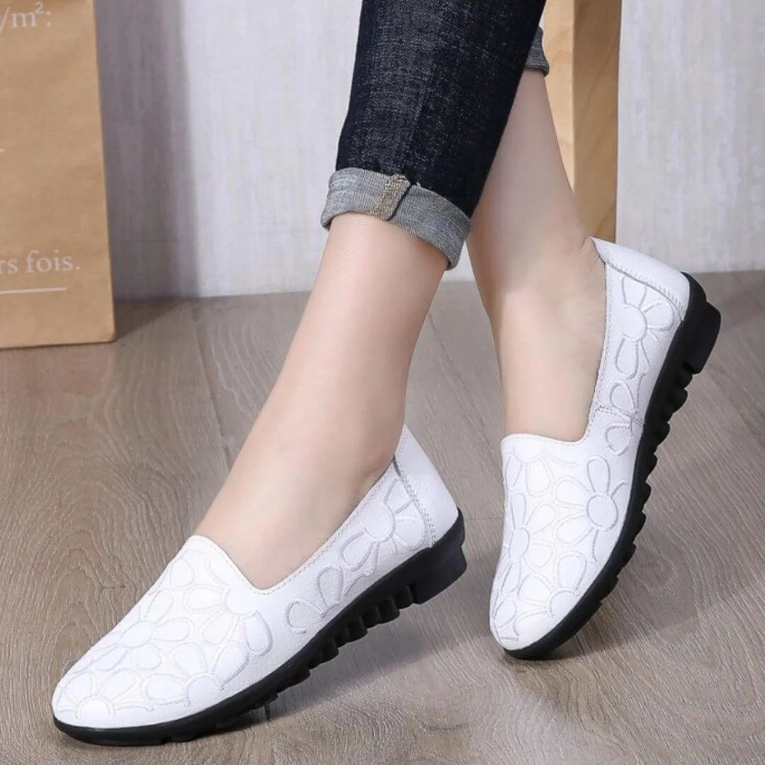 Women Slip On Genuine Leather Made Embroidered Neck Comfortable Daily Shoes