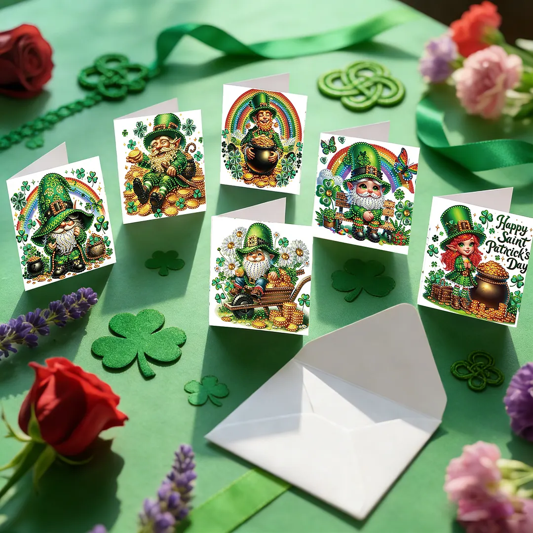 6Pcs St.Patrick Day Elves DIY Diamond Painting Greeting Card Set with Envelopes Diamond Art Handmade Cards for Beginner Adult Holiday Gifts