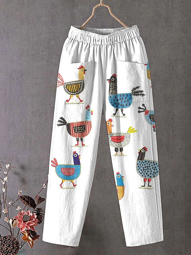 Women's Funny Chick Art Print Cotton And Linen Casual Pants