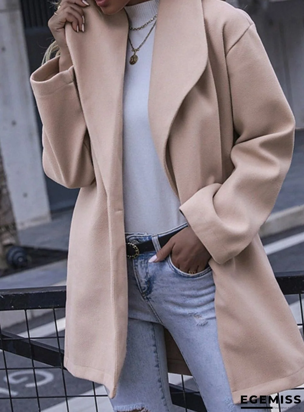 Solid Color Double Pocket Loose Woolen Coat | EGEMISS