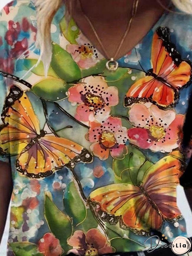 Butterfly Printed V-neck T-shirt for Women