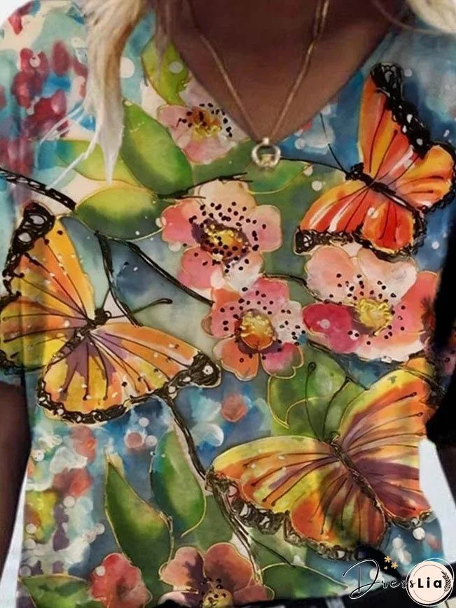 Butterfly Printed V-neck T-shirt for Women