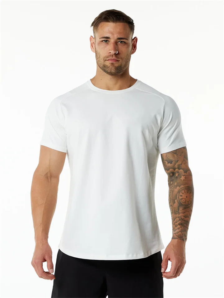 Summer Large Size Sports Fitness Short Sleeve Men's Cotton Round Neck Solid Color Casual Workout T-Shirt Black White Gray-Cosfine