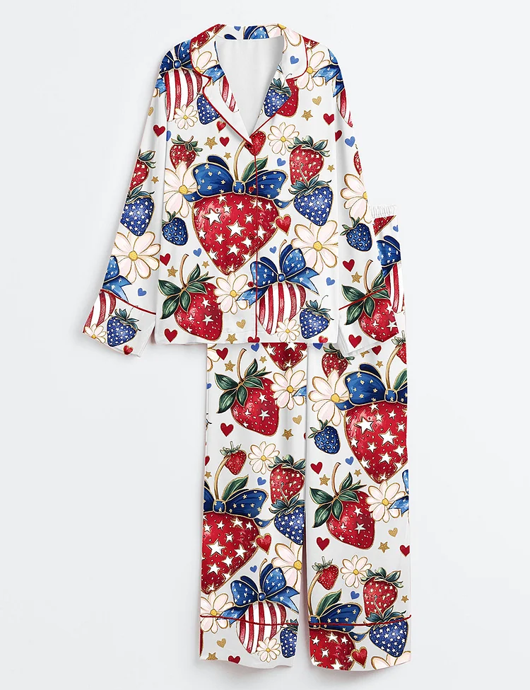 Women&rsquo;s Boho 4th Of July Preppy Strawberry Patriotic Bow Print Long Sleeve Satin Pajama Set