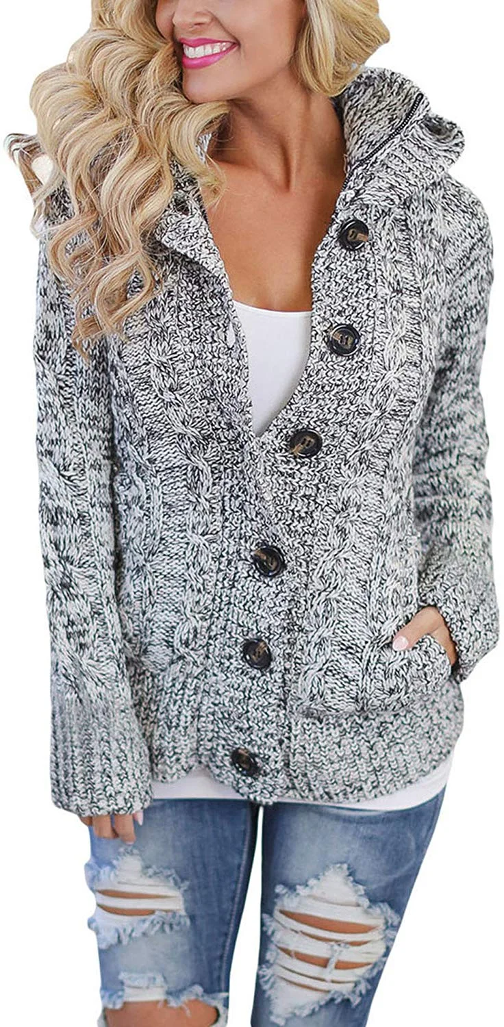 Women Button Up Cardigan Knit Hooded Cable Sweater Coat Outwear