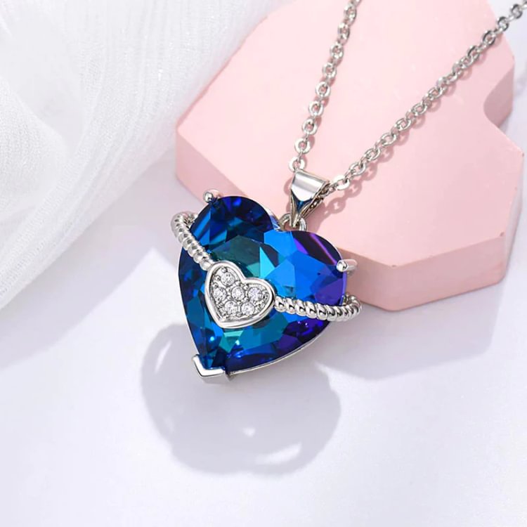 For Love - S925 I Love You Forever and Always Blue Crystal Heart Necklace