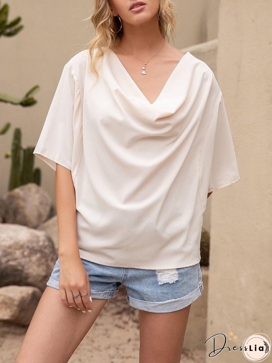 Pleated Drape Solid Color V-neck Short Sleeve Loose Blouses