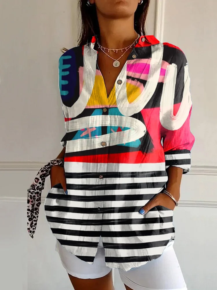 Vintage Abstract Art Stripe Print Casual Long Sleeve Shirt