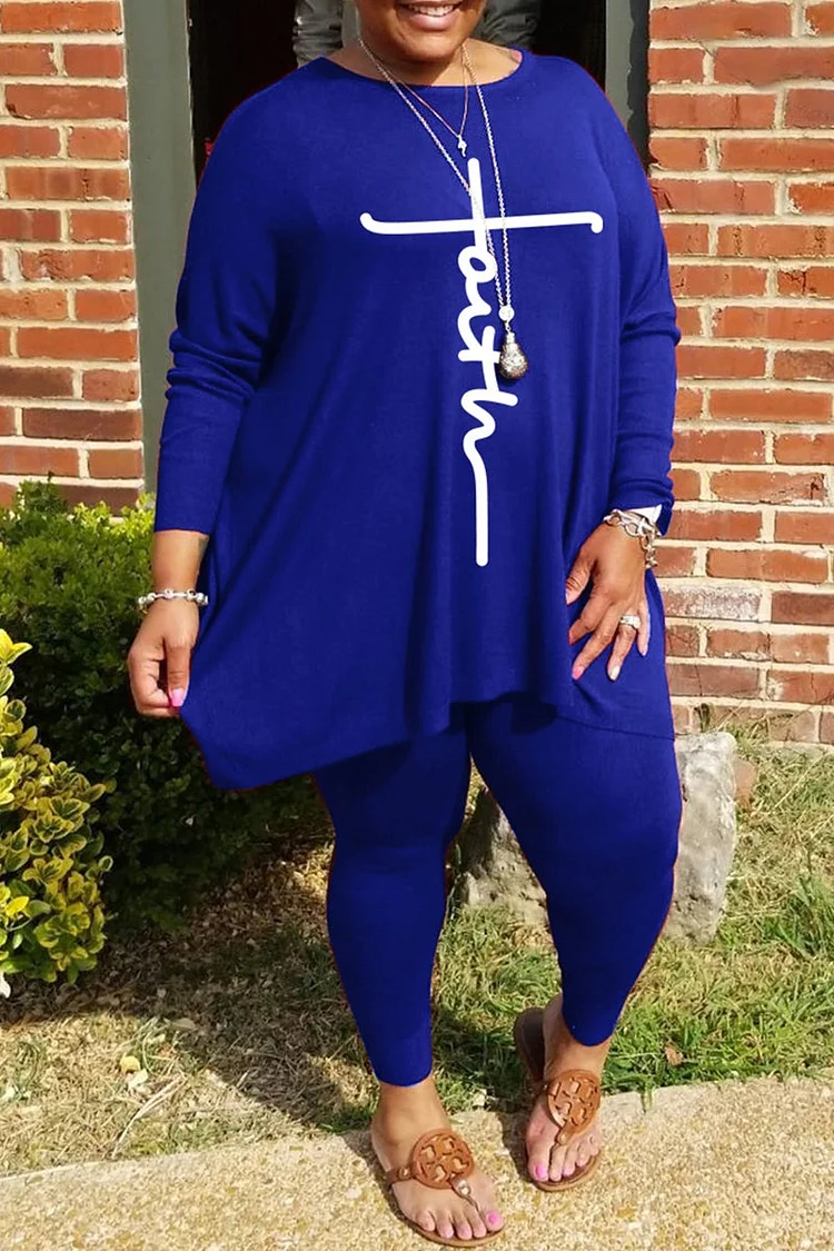 Plus Size Casual Royal Blue Graphic Print O Neck Long Sleeve Loose Two Pieces Pants Set