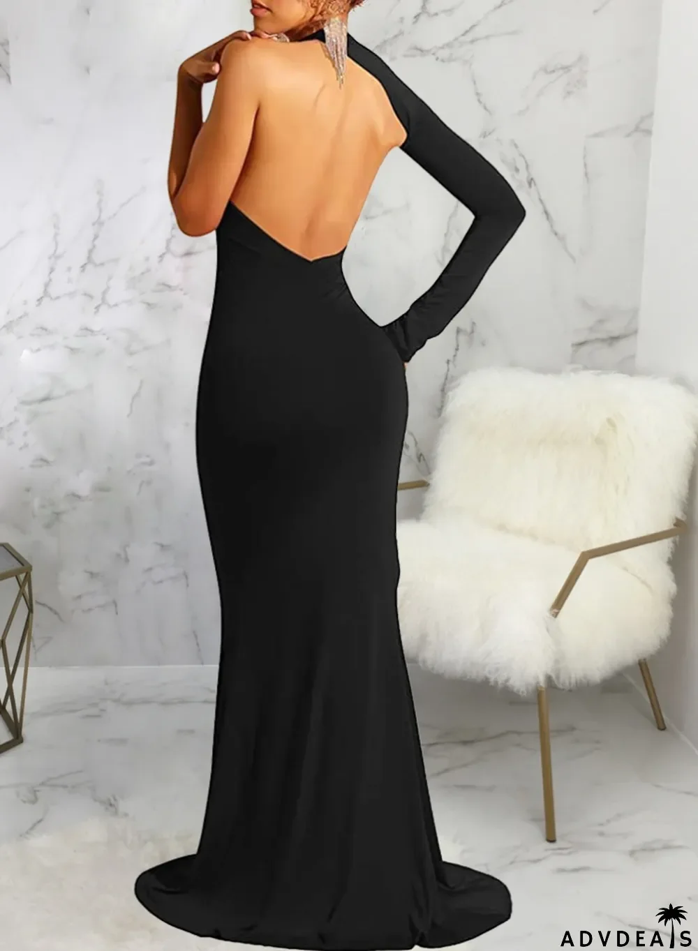 Winter Sexy Black Single Long Sleeve Split Mermaid Evening Dress