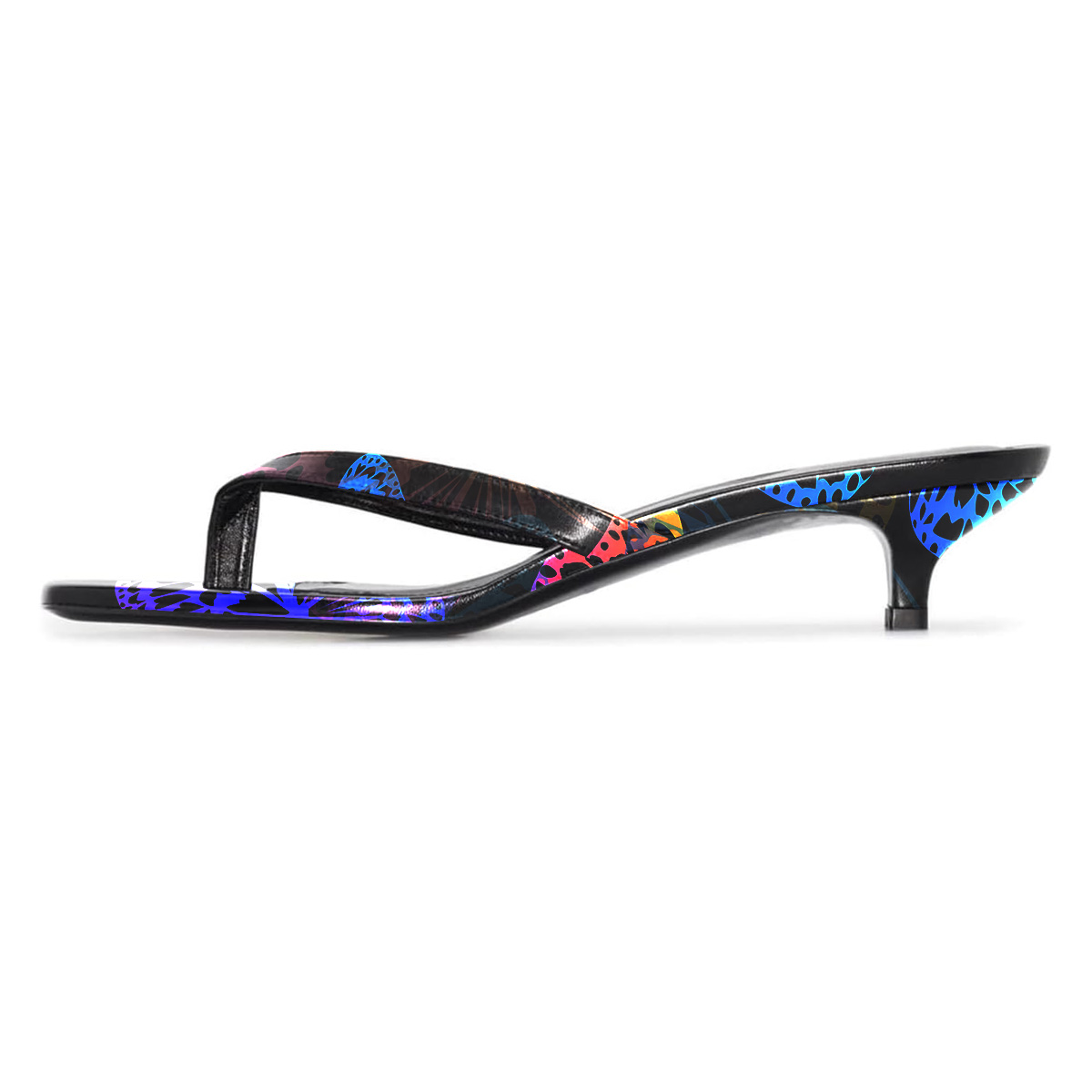 Multicolor Butterfly Printed Open Square Toe Kitten Heel Flip Flops Nicepairs