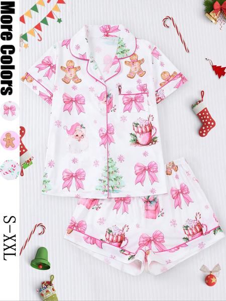 【christmas】Women's Christmas Pajama Set, Santa Cookie Print, Short Sleeve Button-up Top & Elastic Shorts, Casual All-season Sleepwear, Christmas Pyjamas, Loungewear