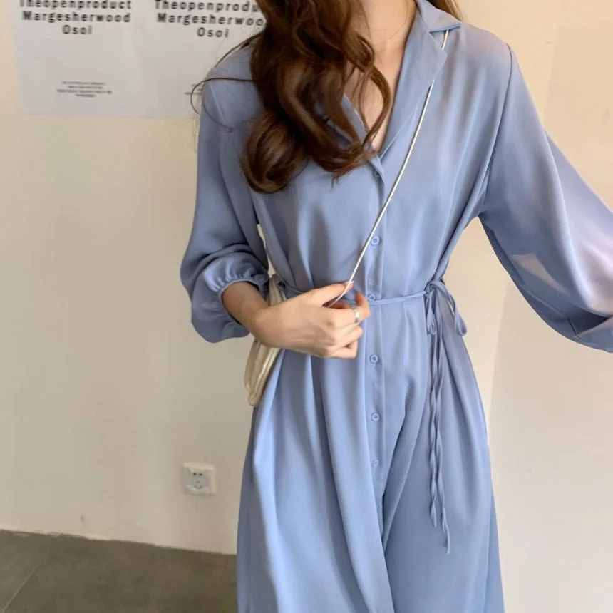 Tie-Waist 3/4-Sleeve Midi Shirt Dress YP1650