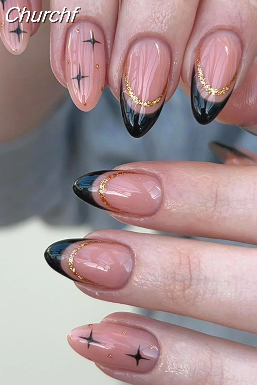 Churchf Short Almond Black Flower False Nail Finished Nail Patches French Stiletto Fake Nails Full Cover Nail Tips Press On Nail-Nail Inspo