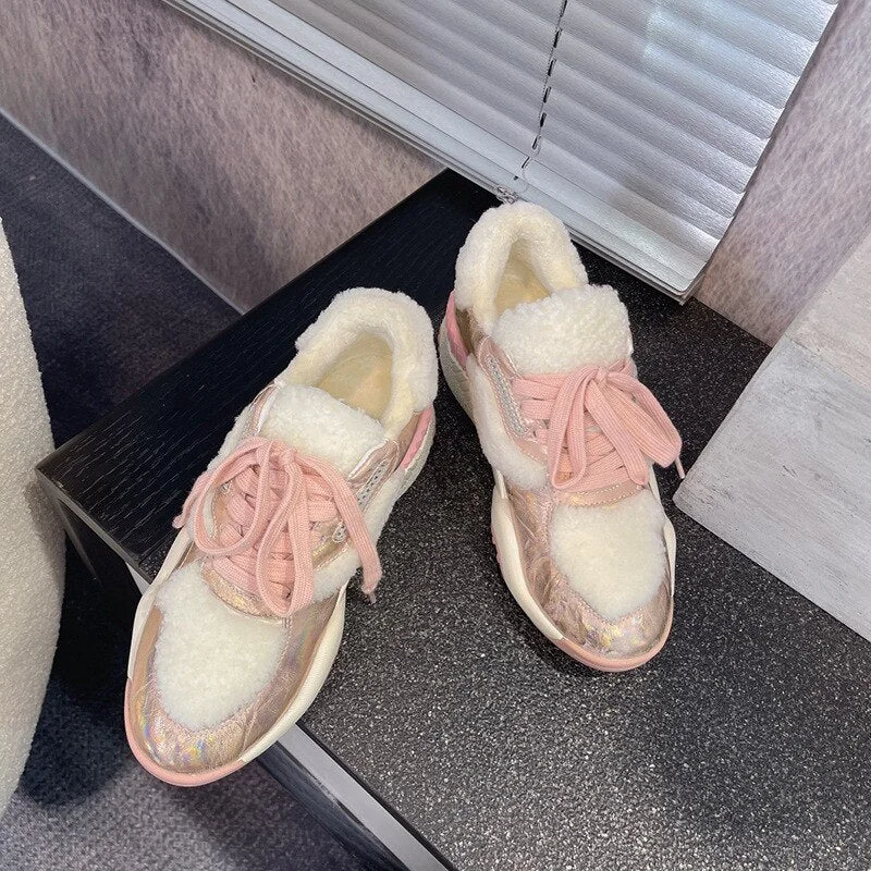 Lambswool Keep Warm Female Snow Boots 2021 Winter New Wool Inside Thicken Fur Shoes Women's Platform Sneaker Chunky Fur Shoes