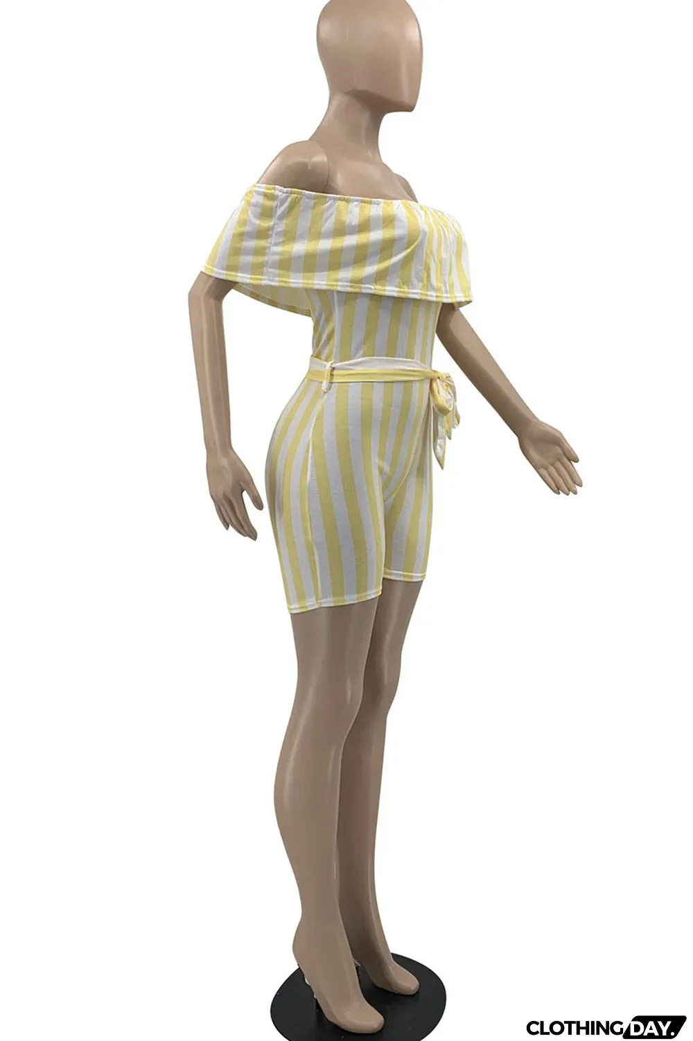 Sky Blue Casual Striped Print Patchwork Flounce Off the Shoulder Straight Jumpsuits