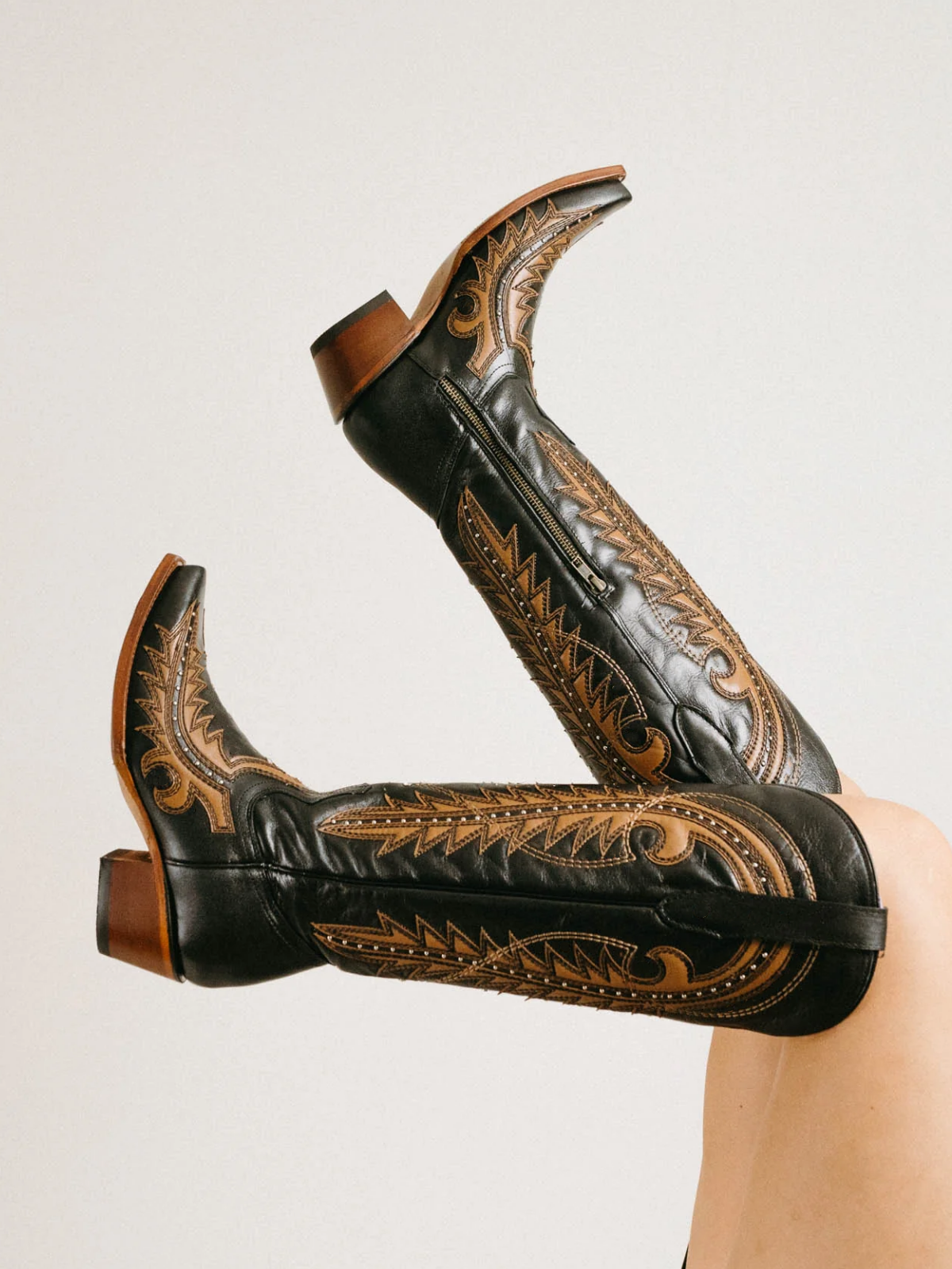 Taafo Black Studded Applique Snip-Toe Half-Zip Cowgirl Knee High Tall Boots