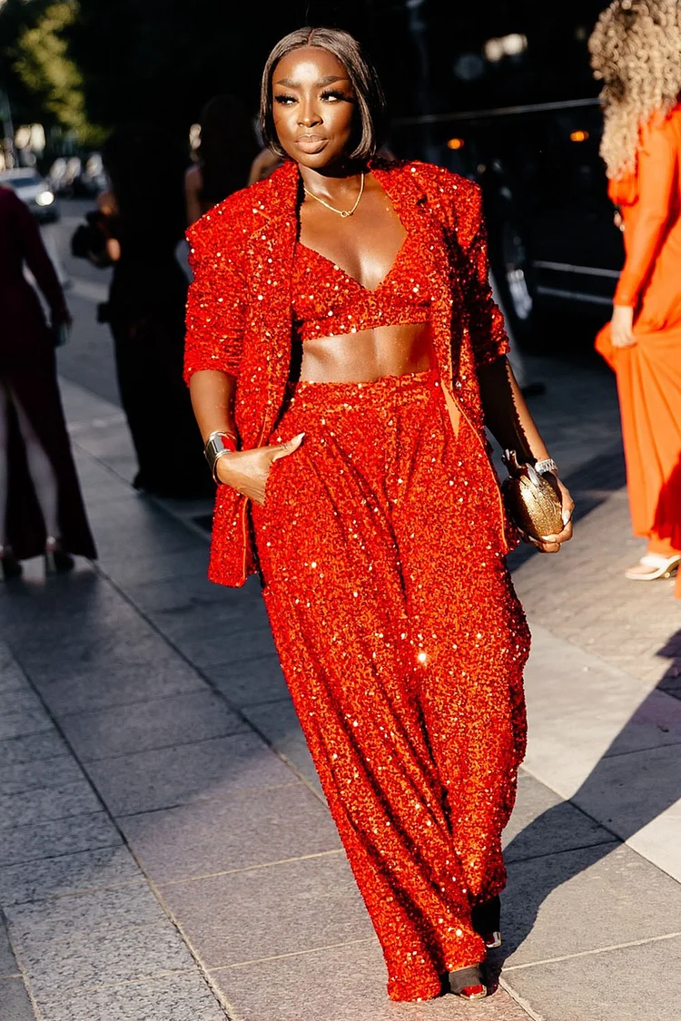 Sequin Jacket Cami Crop Top Wide Leg Pants Party 3pcs Set-Red [Pre Order]