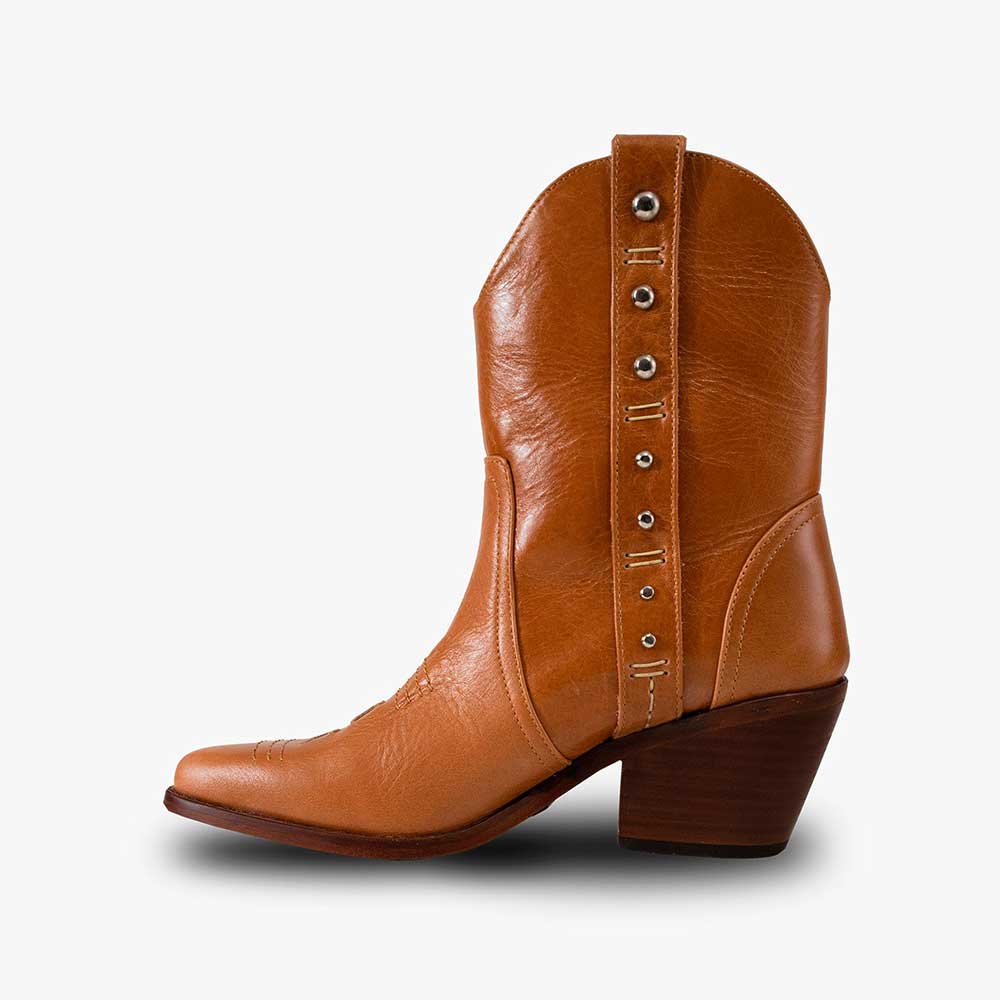 Brown Pointed Toe Chunky Heel Studded Cowgirl Ankle Boots Nicepairs