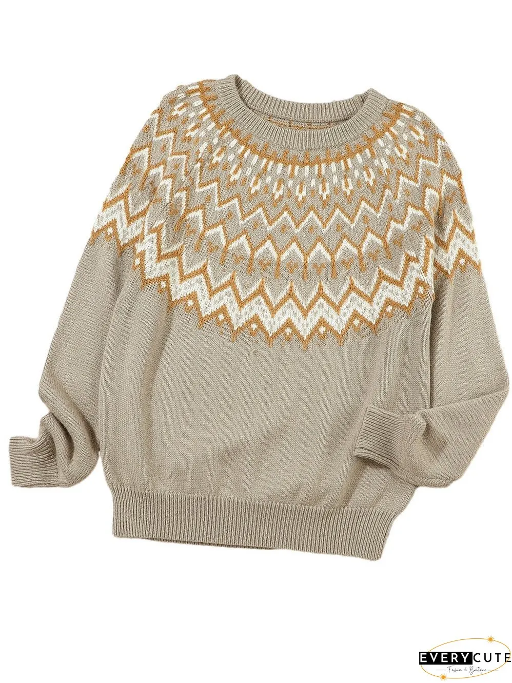 Cozy Gray Geometric Knit Round Neck Sweater