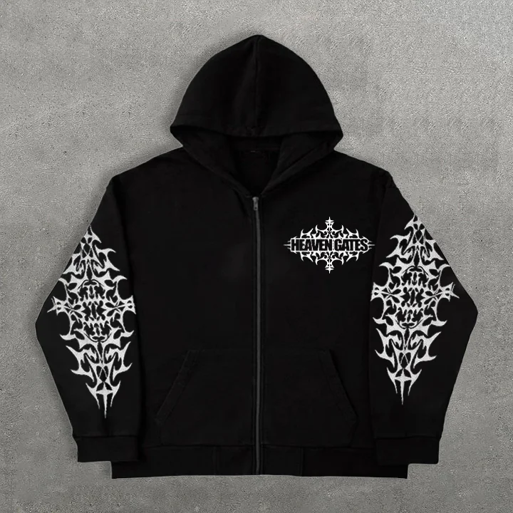 Heaven Gates Cross Print Zipper Up Oversize Hoodies