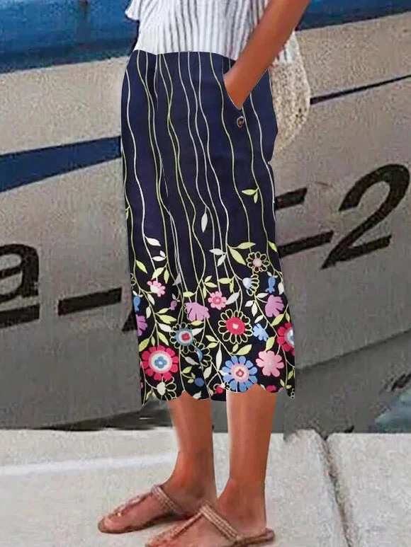 Women's Flower Print Wave Hem Linen Pants