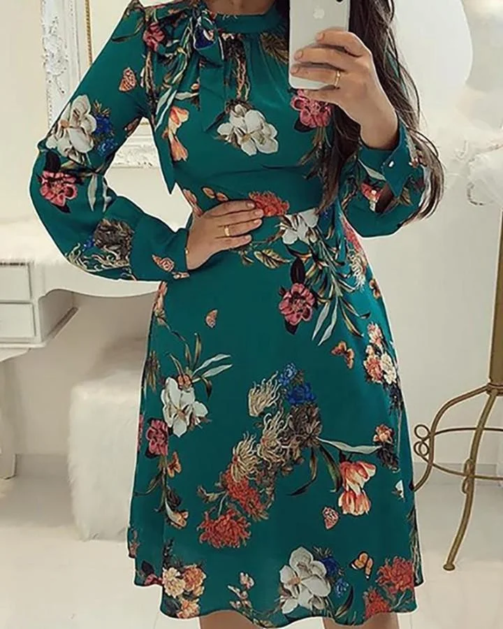 Floral Print Tie Neck Long Sleeve Casual Dress