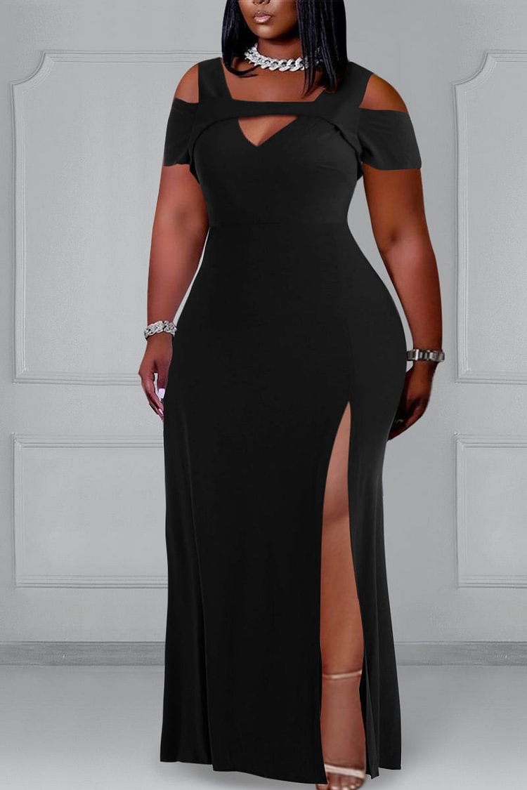 Xpluswear Plus Size Formal Black Hollow Out Cold Shoulder High Slit Maxi Dress