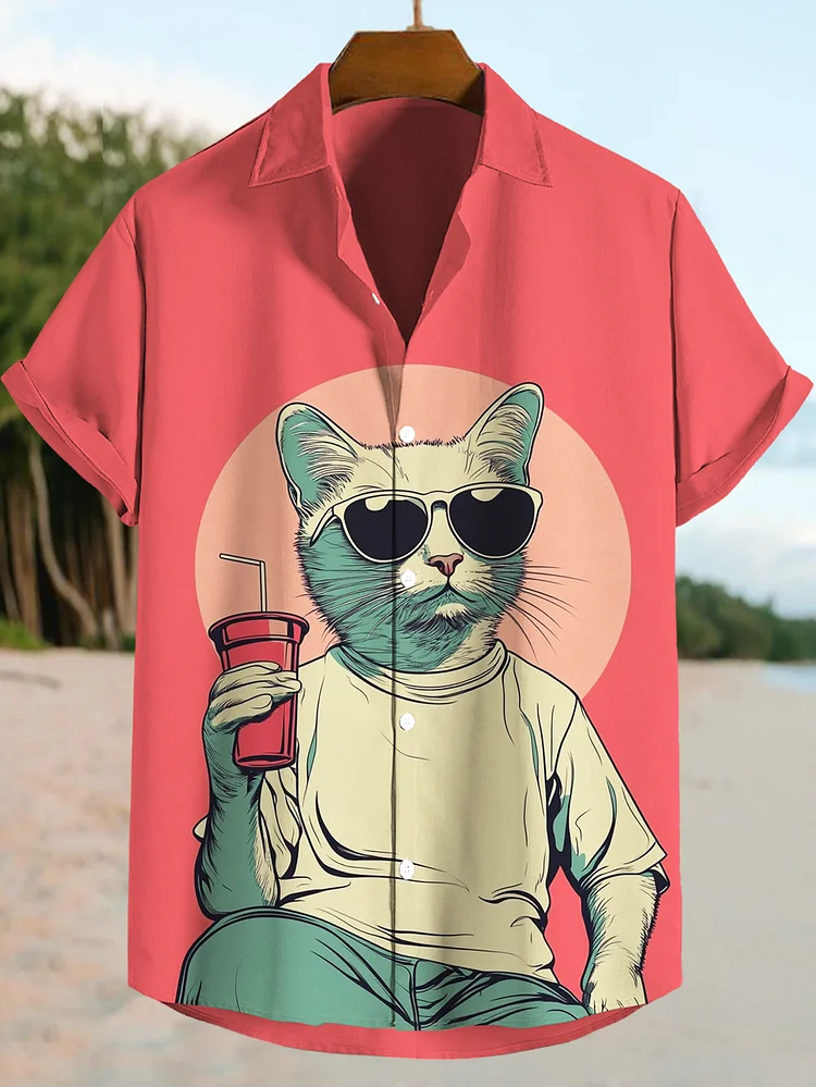 Men's Vacation Hawaii Cat Drinking Beverages Art Print Shirt