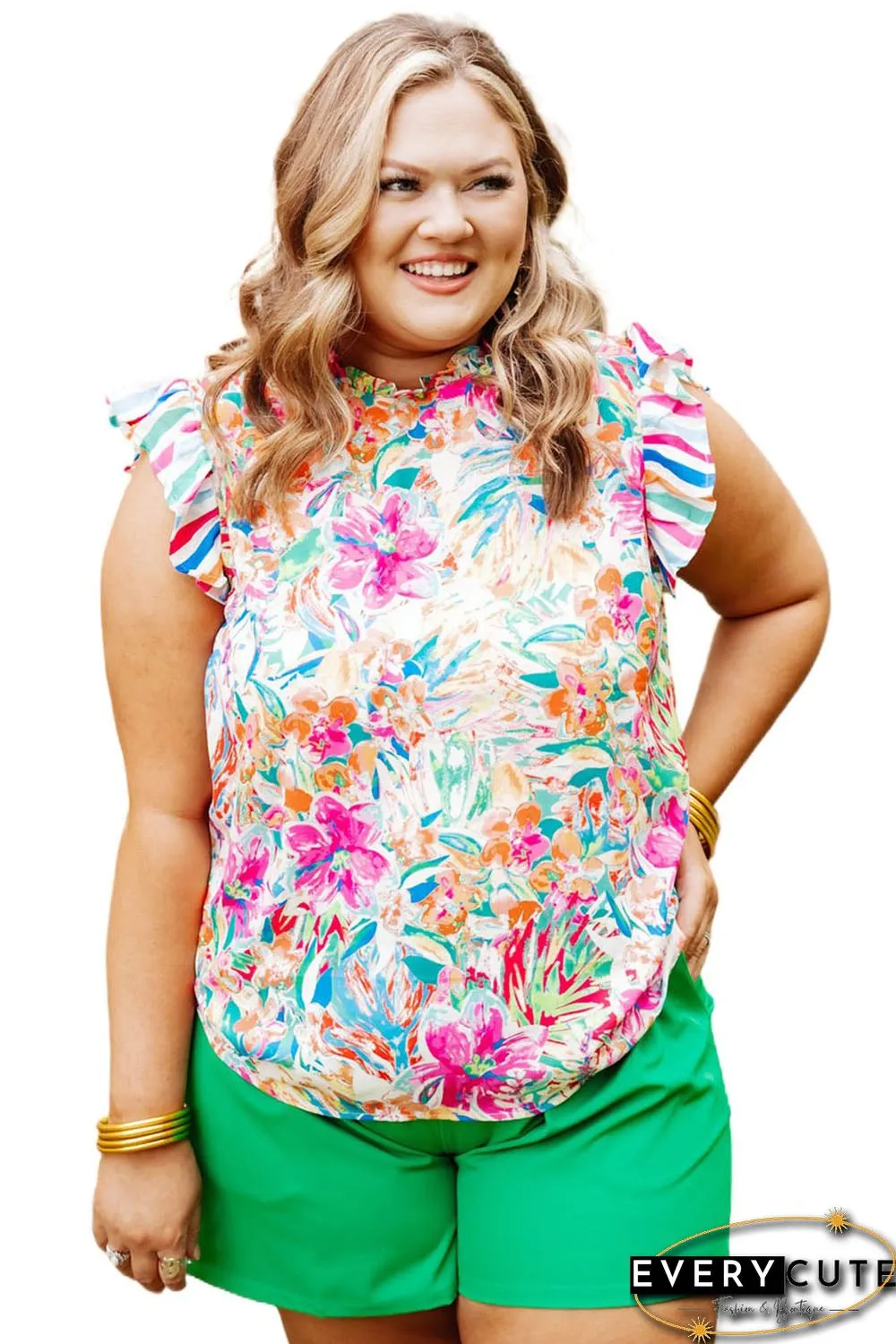 Multicolor Plus Sizie Striped Ruffle Sleeve Floral Blouse