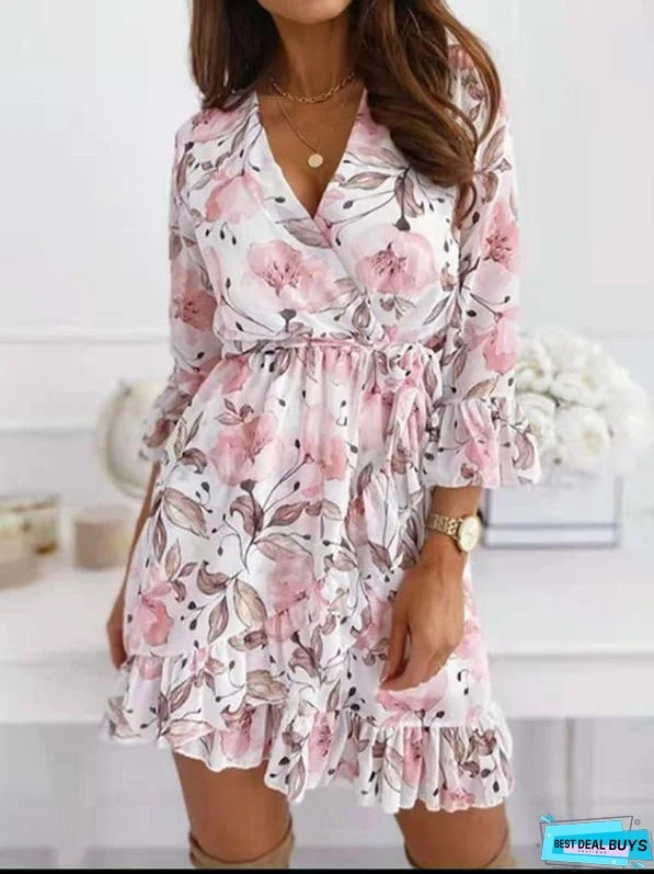 Floral V-Neck Three-Quarter Sleeve Ruffled Mini Dress