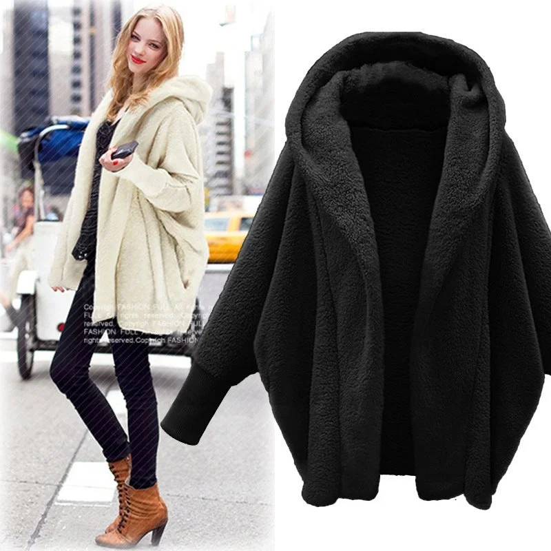 Solid Color Long Sleeve Hooded Loose Plush Coat In Autumn and Winter