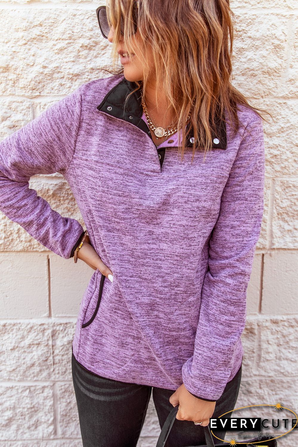 Purple Heathered Turn-down Collar Pullover Sweatshirt