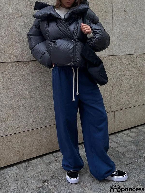 Long Sleeves Loose Solid Color Split-Joint Hooded Padded Coat