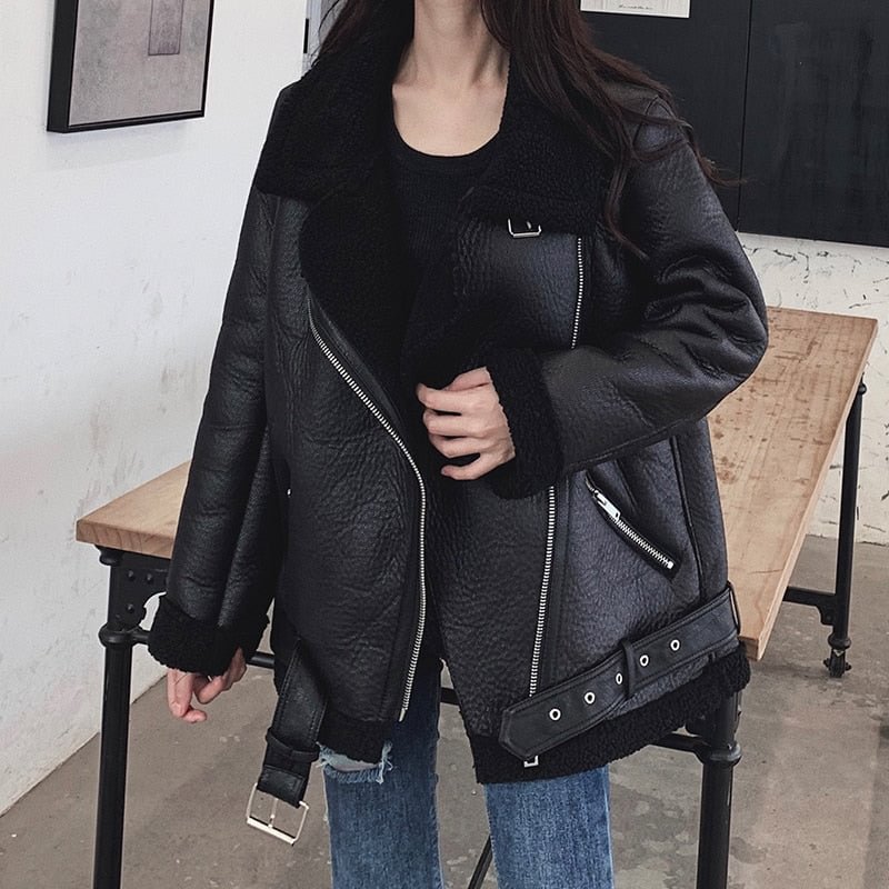 Ailegogo New Women Lamb Fur Faux Leather Jacket Coat Turn Down Collar Winter Thick Warm Oversized Zipper With Belt Outerwear