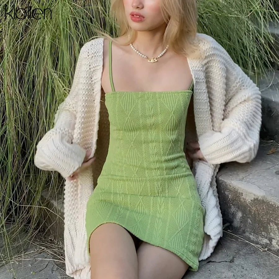 KLALIEN Women Fashion Elegant Streetwear Strap Mini Dress Summer 2022 New Solid Green Knit Stretch Slim Office Lady Dresses