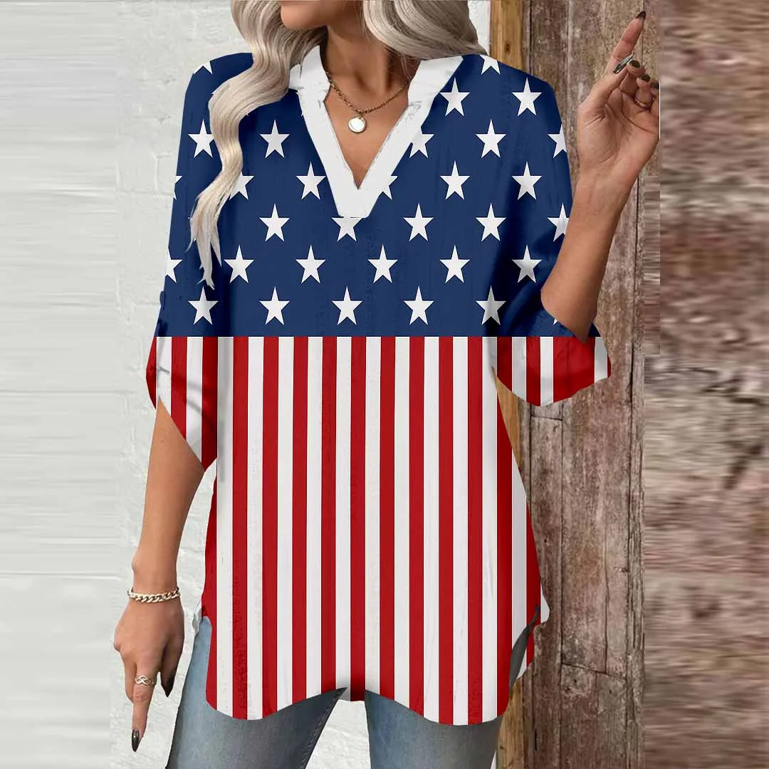 Women  Independence Day, Star, Striped, Blue, Red DZGA0248 3/4 Sleeve V-neck Printed Graphic Button Tops