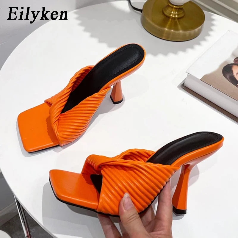 Eilyken 2022 New Summer Pleated Orange Women Slipper Fashion Slides Ladies Elegant Thin High Heel Outdoor Sandals Shoes