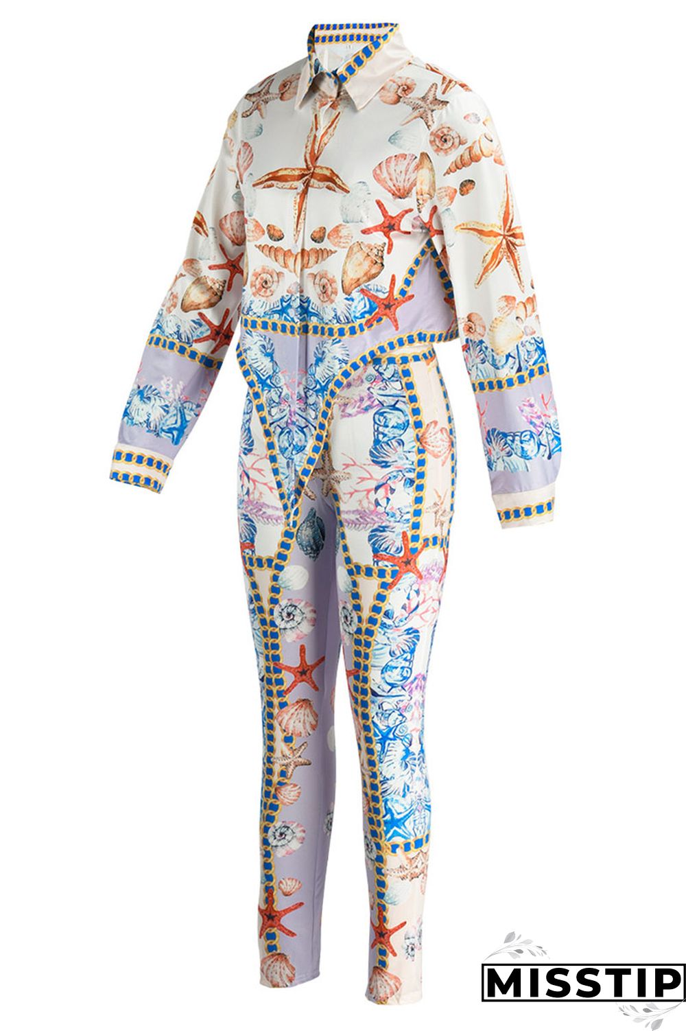 Purple Fashion Casual Print Basic Turndown Collar Long Sleeve Two Pieces