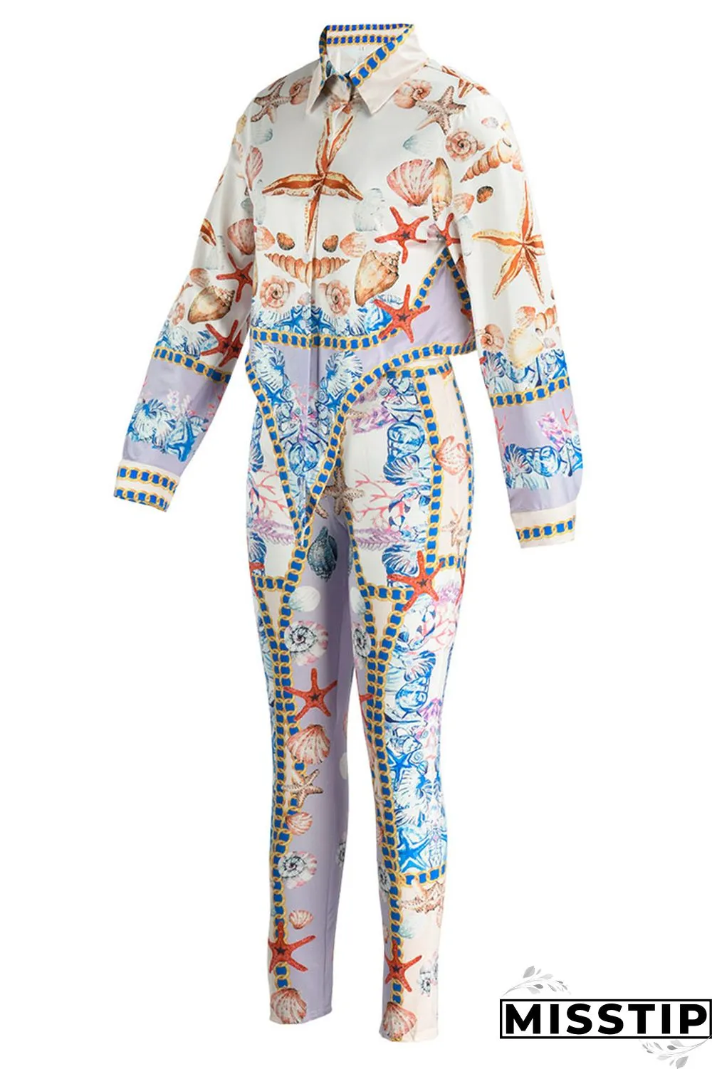 Purple Fashion Casual Print Basic Turndown Collar Long Sleeve Two Pieces