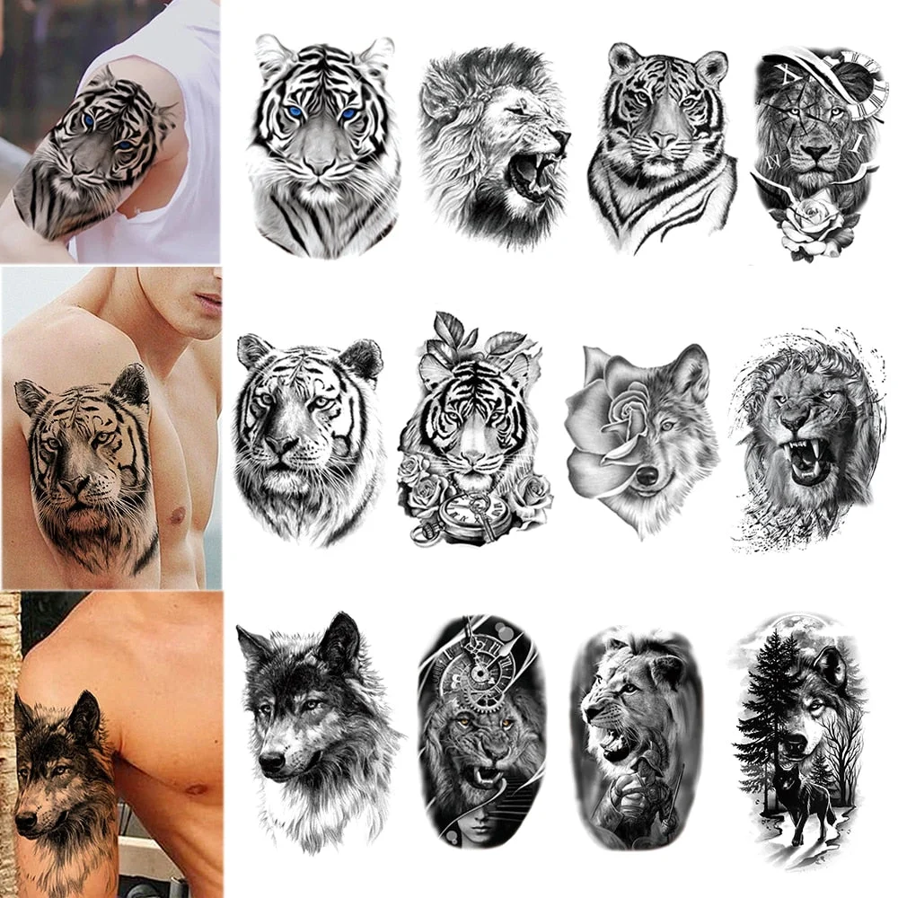 100Pcs Wholesales Waterproof Temporary Tattoo Sticker Tiger Lion Wolf Forest Man Big Sexy Flower Women Body Arm Art Fake Tattoos