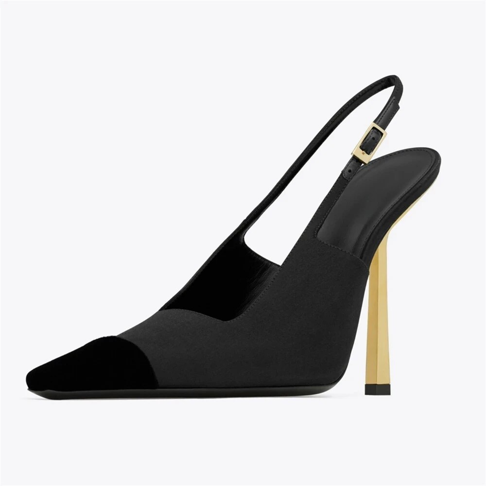 GOOSHOE Women's Patchwork Pointed Toe Buckles Pumps Slim High Heels Slingback Stiletto Dress Shoes Side Cut Out Sandals